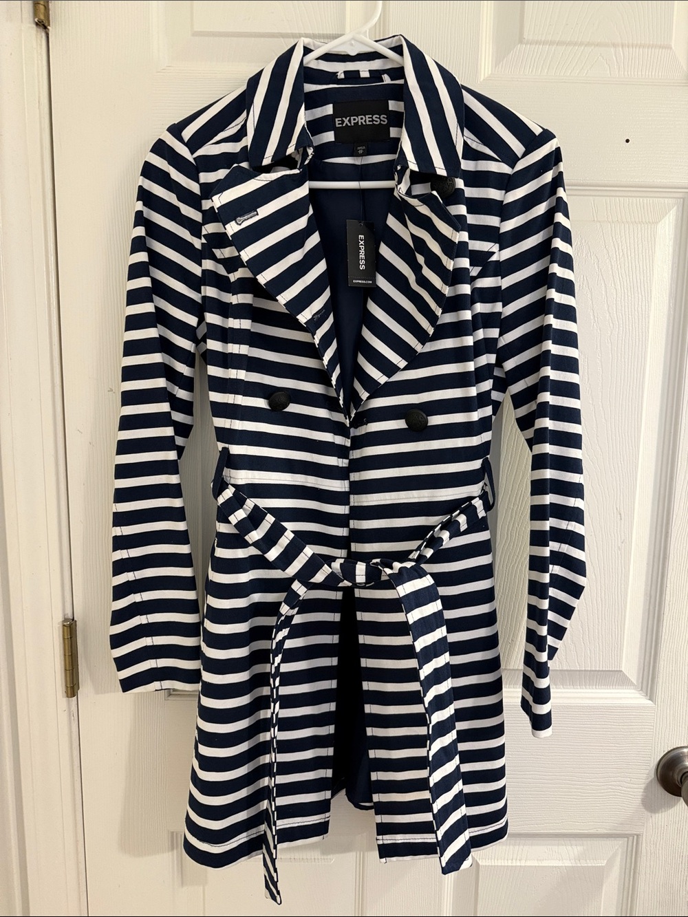 Express Navy and White Striped Belted Trench Coat